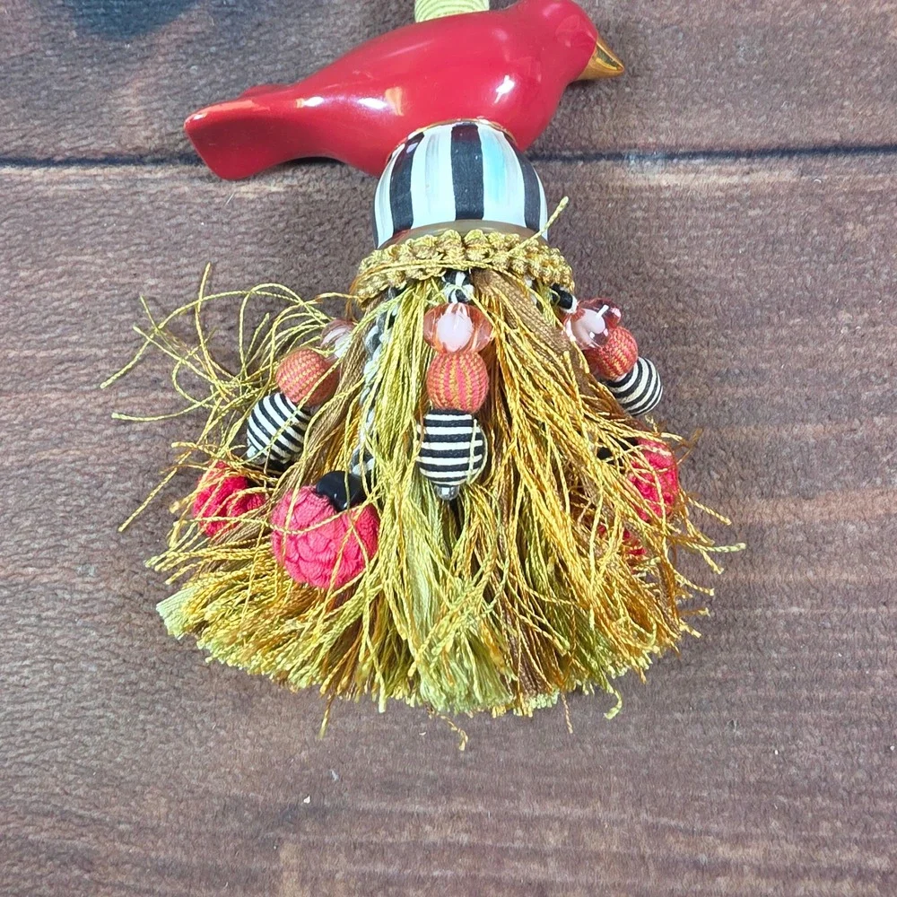 MacKenzie-Childs Cardinal Bird Tassel Ornament Red OS Good Striped Whimsical